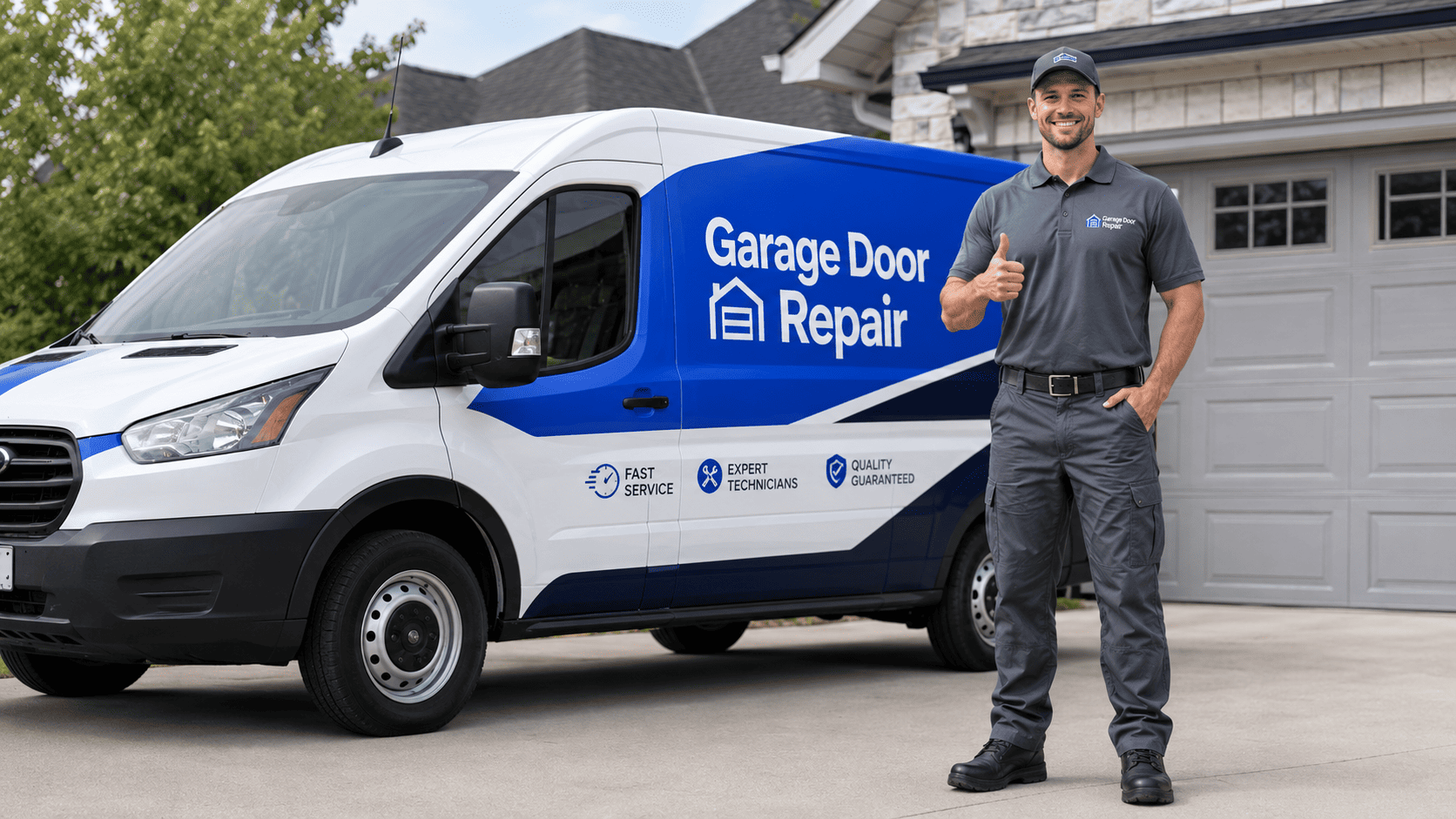 Professional garage door repair service van and technician — blue and white